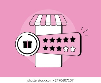 E-commerce loyalty program with physical or digital stamp card rewards scheme. Customer retention management with loyalty card marketing. Isolated flat modern vector illustration with icons