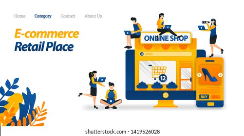 E-commerce Makes It Easy to Shop From Anywhere on Screen. Buy Lots of Goods From many Stores and Retail. Vector Illustration. Flat Icon Style Suitable for Web Landing Page, Banner, Flyer, Wallpaper