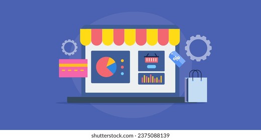 eCommerce management, eCommerce analytics dashboard, Online payment and checkout, managing digital storefront - vector illustration background with icons