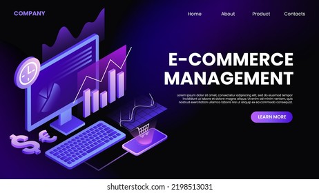 E-Commerce Management Horizontal Banner. WebPage Template. Vector illustration