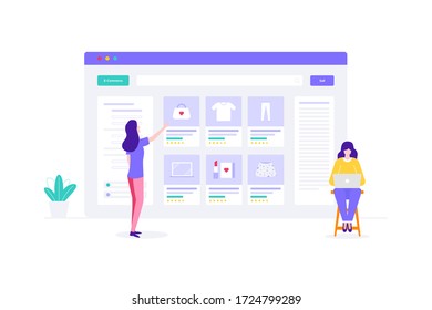 E-Commerce Management Online Shopping Flat Vector Illustration, Suitable for Web Banners, Infographics, Book, Social Media, And Other Graphic Assets