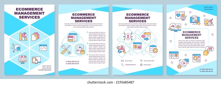 Ecommerce management services turquoise brochure template. Leaflet design with linear icons. Editable 4 vector layouts for presentation, annual reports. Arial-Black, Myriad Pro-Regular fonts used