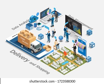 Ecommerce Market  Isometric And Online Shopping With Data Analysis.  Vector Isometric Concept