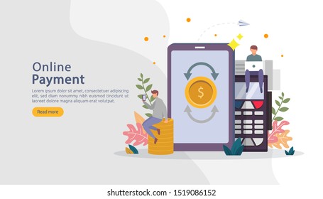 E-commerce market shopping online illustration with tiny people character. mobile payment or money transfer concept. template for web landing page, banner, presentation, social media, print media.