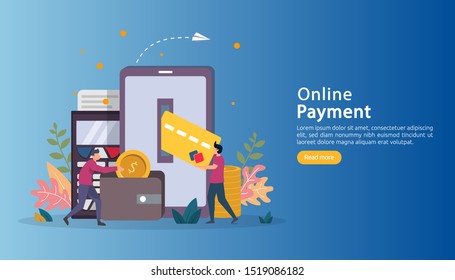 E-commerce market shopping online illustration with tiny people character. mobile payment or money transfer concept. template for web landing page, banner, presentation, social media, print media.