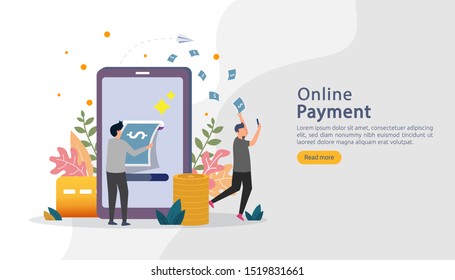 E-commerce market shopping online illustration with tiny people character. mobile payment or money transfer concept. template for web landing page, banner, presentation, social media, print media.