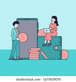 E-commerce market shopping online vector illustration. Mobile payment or money transfer concept. Money transferring via smartphone app and web banking