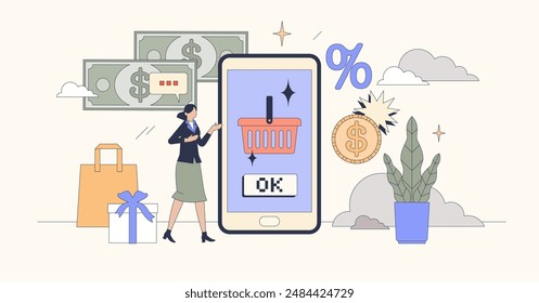 E-commerce marketing with advertisements tiny person neubrutalism concept. Sale offers, ads banners and retail advertising for commercial websites vector illustration. Online store promotion campaign