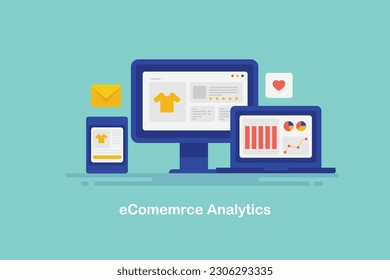 e-Commerce-Marketing-Analyse. Digitale Marketingsoftware. Analytics-Dashboard auf Laptop. Mobile Commerce-App - Vektorgrafik-Hintergrund mit Symbolen