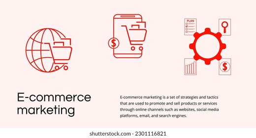 E-commerce Marketing Banner on Light Background. Stylish E-commerce Banner with Black Text and Red Icons for Business and Marketing
