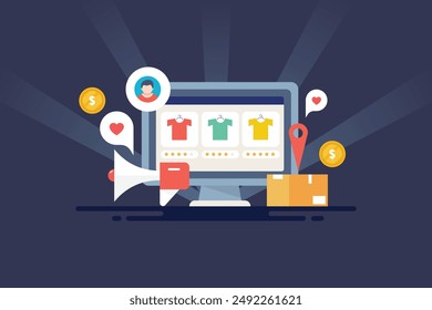 eCommerce marketing for brand promotion, eCommerce website brand marketing strategy, Promoting eCommerce brand on Social media, Search engine through ad campaign - vector illustration with icons