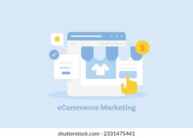 eCommerce Marketing. Buying products from eCommerce website. Secure online shopping, Online store front. Vector illustration background with icons