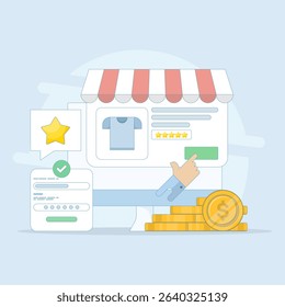 eCommerce Marketing Concept. Browsing eCommerce Website, Buying products from eCommerce web. Safe online shopping. Flat design vector illustration on background.