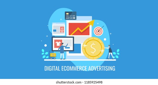 E-commerce marketing concept, Digital shopping vector, Customer buying online flat vector with icons