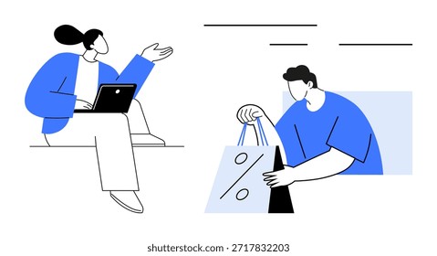E-commerce, marketing, customer interaction, digital communication, online business, sales promotion. A person with a laptop and another holding a discount bag. E-commerce and marketing concepts