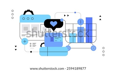 E-commerce and marketing. Horizontal banner, presentation slide. Flat graphics. Vector file.