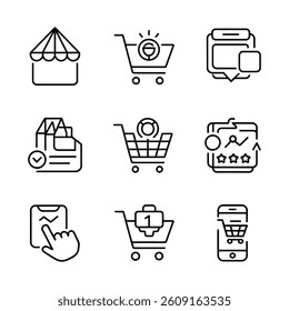 E-commerce Marketing Icons. Simple line icons depicting e-commerce and online shopping elements. 