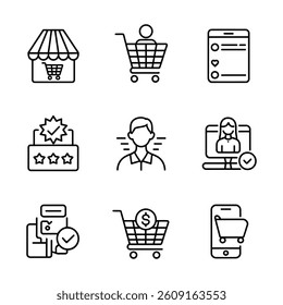 E-commerce Marketing Icons. Simple line icons depicting e-commerce and online shopping elements. 