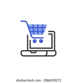 Icono de línea de marketing de Ecommerce. signo de estilo lineal para concepto móvil y diseño web. Portátil con icono vectorial de contorno del carro de la compra. Símbolo, ilustración del logotipo. Gráficos vectoriales