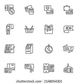 Ecommerce marketing line icons set, online shopping outline vector symbol collection, linear style pictogram pack. Signs, logo illustration. Set includes icons as gift card, discount label, sale tag