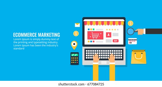 E-commerce marketing, on-line store promotion, digital marketing concept flat vector banner with marketing icons isolated on blue background