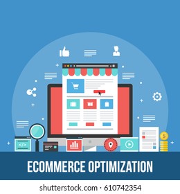 ECommerce Marketing, Sales Conversion Optimization, Shopping Cart, Flat Design Vector With Icons