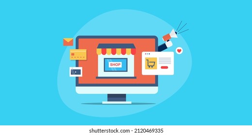 eCommerce marketing strategy, Digital advertising for online shop, Promotion of eCommerce website - flat design vector illustration with icons