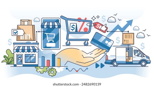 E-commerce marketing with web shop advertisement outline hands concept. Online retail sales offer with good price for products vector illustration. Digital purchase and website payment for delivery.