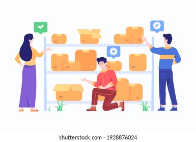 Ecommerce Marketplace Employee Check And Manage Goods Supply In Warehouse Concept Flat Style Design Illustration 