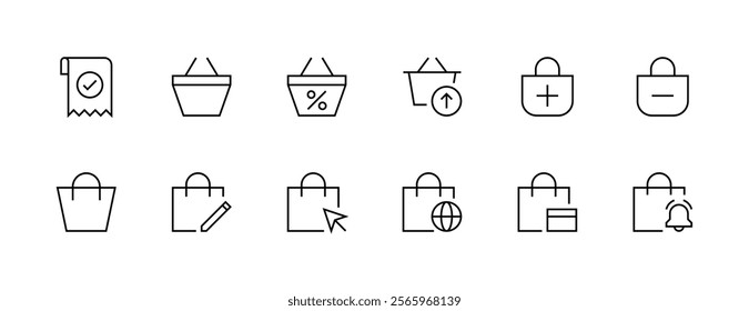 E-commerce and marketplace icon collection. Purchase, commerce, retail, discount, cart, box delivery, shopping bag and more. Editable stroke. Pixel Perfect. Grid base 32px.