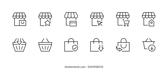 E-commerce and marketplace icon collection. Purchase, commerce, retail, discount, cart, box delivery, shopping bag and more. Editable stroke. Pixel Perfect. Grid base 32px.