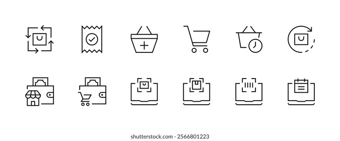 E-commerce and marketplace icon collection. Shopping icon set. Online store, shopping basket, wallet, invoice, receipt and more. Editable stroke. Pixel Perfect. Grid base 32px.