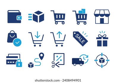 E-commerce Marketplace icon set. Online shopping and delivery elements. E-business symbol. Solid icons vector collection.