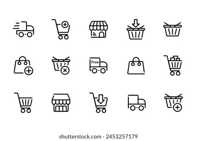 E-commerce Marketplace icon set. Online shopping and cart elements. E-business symbol. Outline icons vector collection.