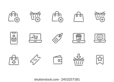 E-commerce Marketplace icon set. Online shopping and cart elements. E-business symbol. Outline icons vector collection.