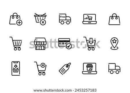 E-commerce Marketplace icon set. Online shopping and cart elements. E-business symbol. Outline icons vector collection.