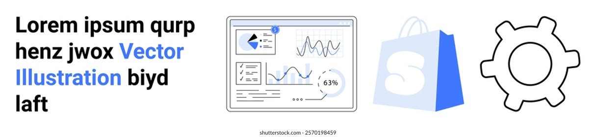 E-commerce metrics dashboard, shopping bag, and gear icon. Ideal for digital marketing, online business strategies, data analysis, e-commerce management, and tech solutions. Landing page