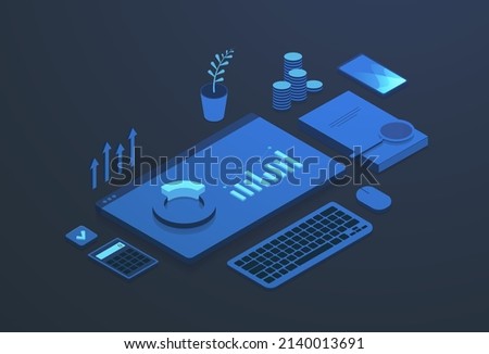 Ecommerce metrics, Data analytics in Digital Marketing concept. Business dashboard with financial statistics, data analytics charts and graphs. Digital Transformation isometric vector illustration.