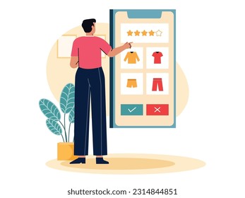 e-commerce mobile app usage by consumer
man pointing to the online e-store web cart with goods on smartphone screen
flat design
vector illustration