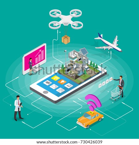 Ecommerce mobile icons isometric people and online shopping payment,travel,information,transportation or medical support infographic vector isometric flowchart.