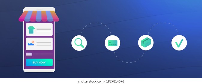 E-Commerce Mobile Shopping concepto de banner horizontal vector. Teléfono inteligente con página de cesta de tiendas en línea. Información sobre el proceso de compras en línea - pago, envío y entrega