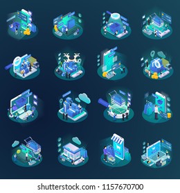 E-commerce mobile online worldwide shopping glow isometric icons collection with internet orders drone delivery vector illustration 