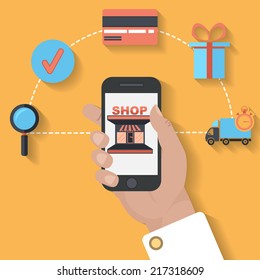 e-commerce mobile payment concept flat design modern vector illustration icons in stylish colors of hand touch screen with business icons and gift icon.