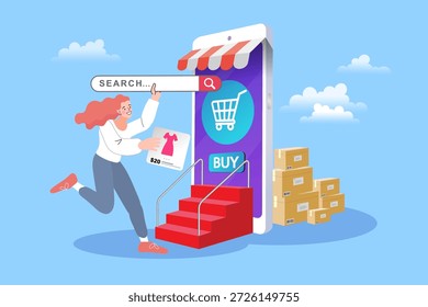 E-commerce and mobile shopping concept. A happy woman buys a dress on a giant smartphone store with a search bar and stairs. Illustrates easy online fashion shopping and fast delivery.