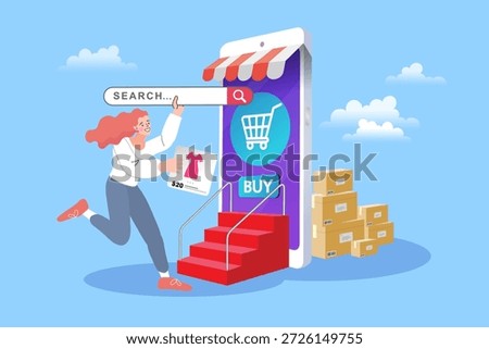 E-commerce and mobile shopping concept. A happy woman buys a dress on a giant smartphone store with a search bar and stairs. Illustrates easy online fashion shopping and fast delivery.