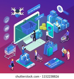 E-commerce mobile shopping glow isometric compositions with buying products online and drone orders delivery vector illustration 