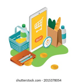 E-commerce mobile shopping isometric composition with icons of coins wallet with credit cards grocery products vector illustration