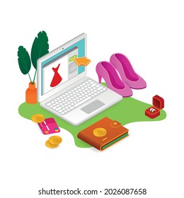 E-commerce mobile shopping isometric composition with images of fashion accessories and laptop with payment methods vector illustration