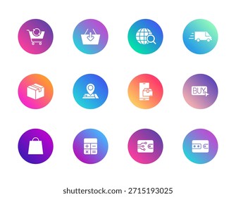 Comercio electrónico, compras móviles, pago. Vector conjunto de 12 iconos de gradiente redondo con Carrito, cartera, camión y calculadora para UI y diseño minorista.
