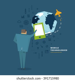 E-commerce and Mobile Technologies. Business Concept. Flat Style Thin Line Icons Set.